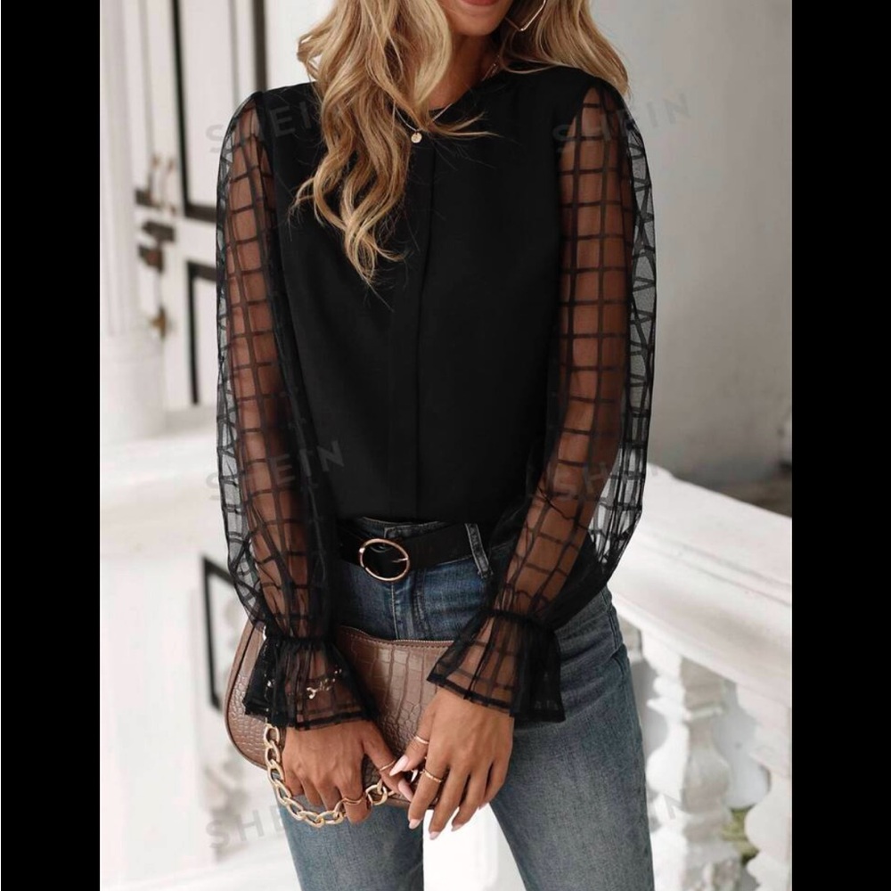 Black flounce sleeve blouse
